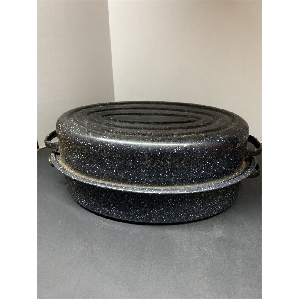 Dark Blue Speckled Enamelware Roaster 13”x8”